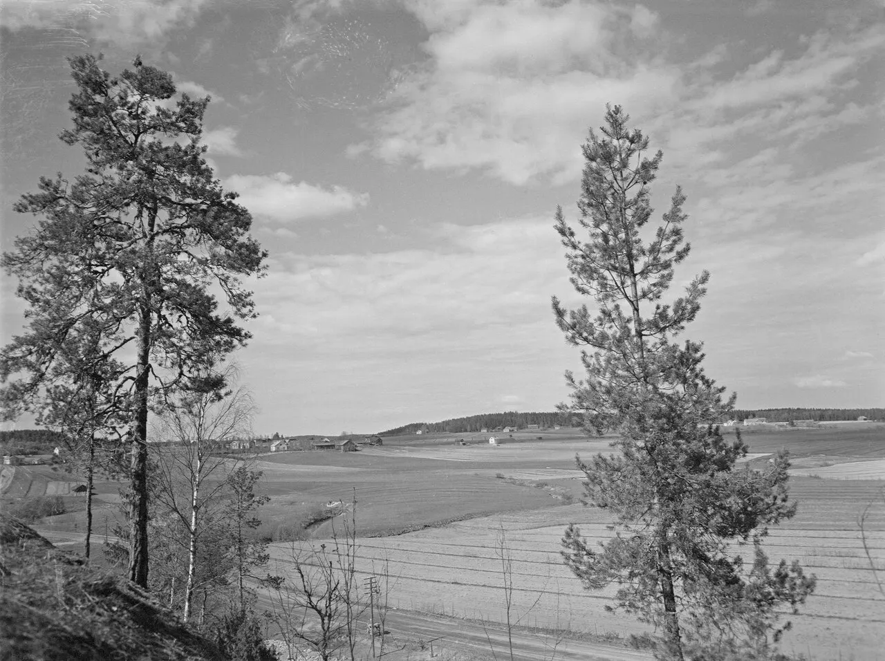 Kallion laelta kuvattu peltomaisema Palojoella, Nurmijärvellä 24.5.1956.